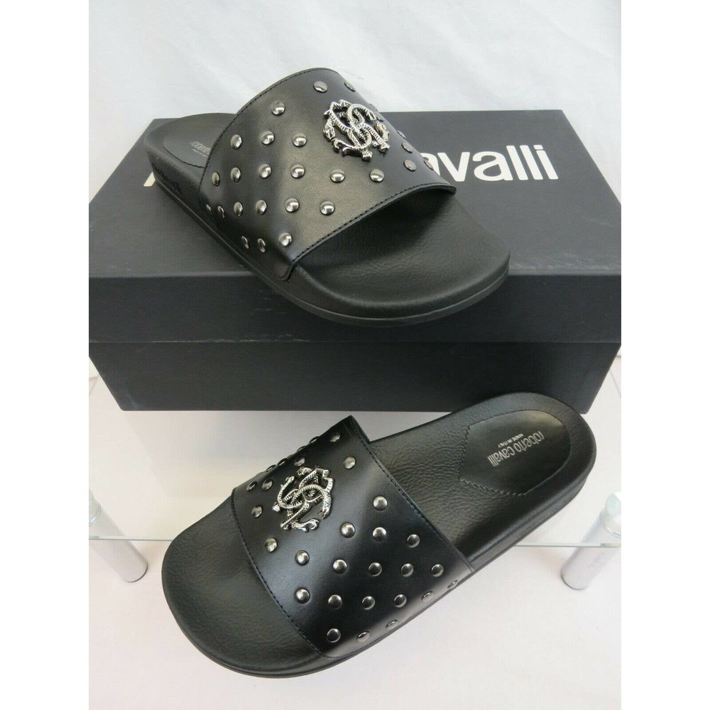 ROBERTO CAVALLI BLACK LEATHER SNAKE MEDALLION LOGO STUDS SANDAL 42.5 / 9.5 ITALY